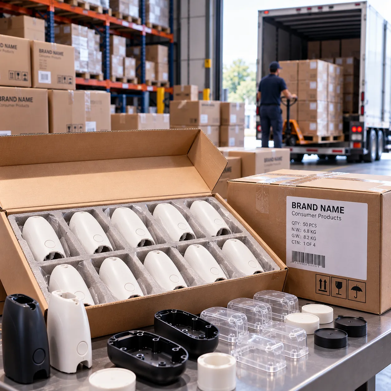 Packaged consumer parts shipping direct to the brand's warehouse