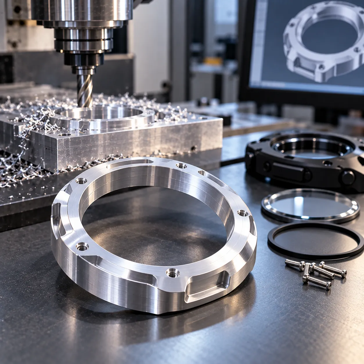 CNC machined aluminium bezel, part of a multi process consumer assembly