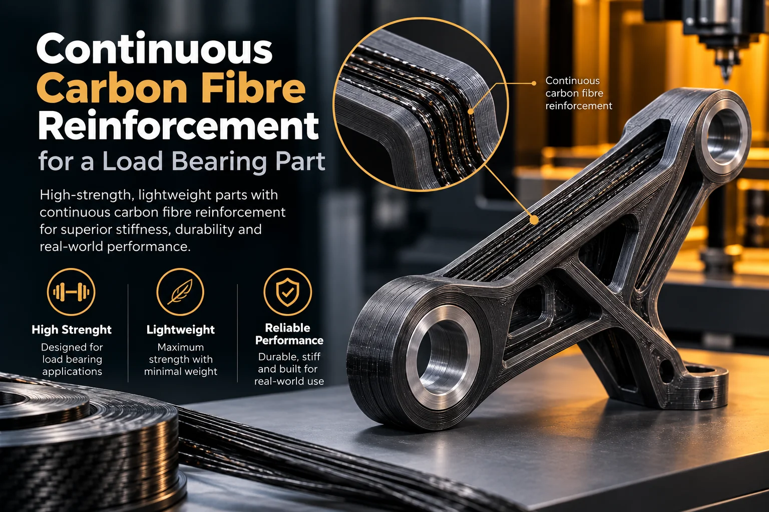 Continuous carbon fibre reinforcement for a load bearing part