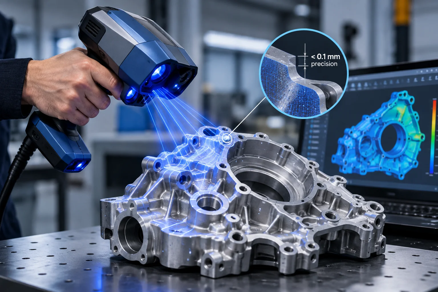 Handheld blue laser scanner working to sub 0.1mm precision