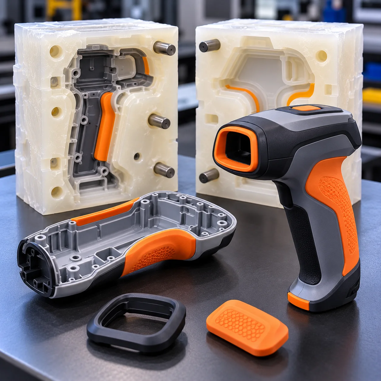 Multi material over moulded prototype, rigid body with soft touch grip