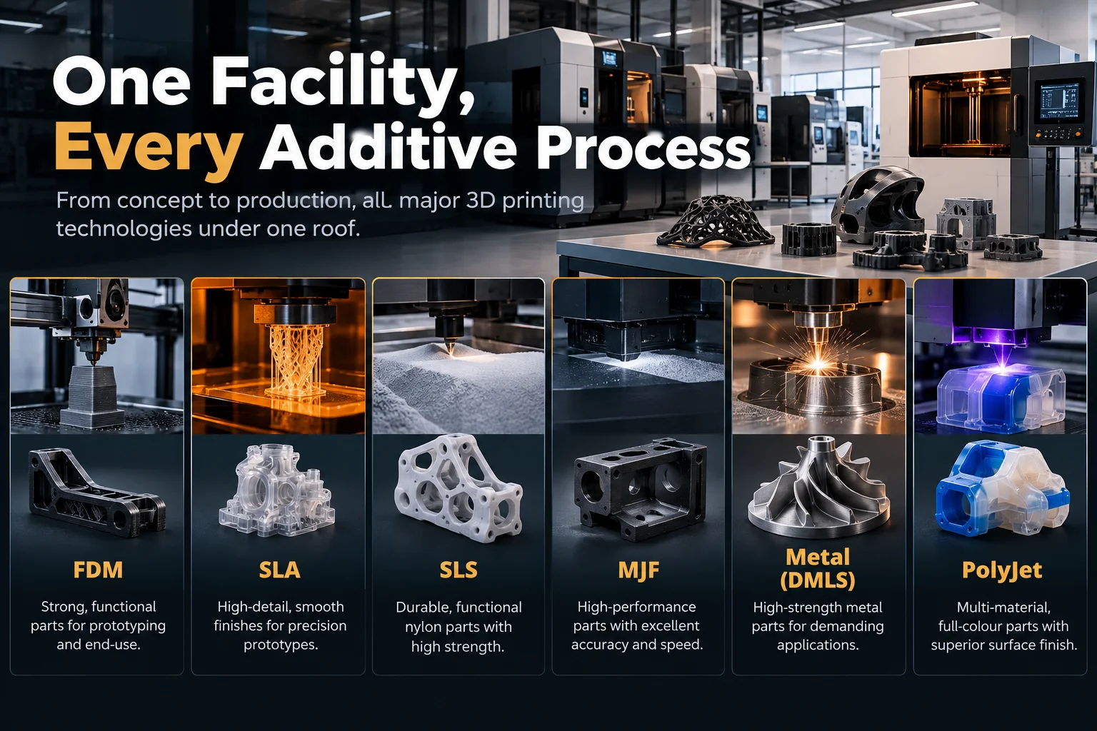 FDM, SLA and SLS 3D printers running side by side on the production floor