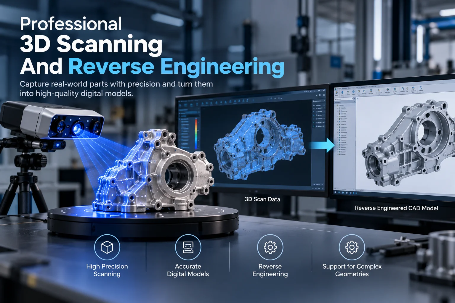 Industrial 3D scanner capturing a metal part for reverse engineering